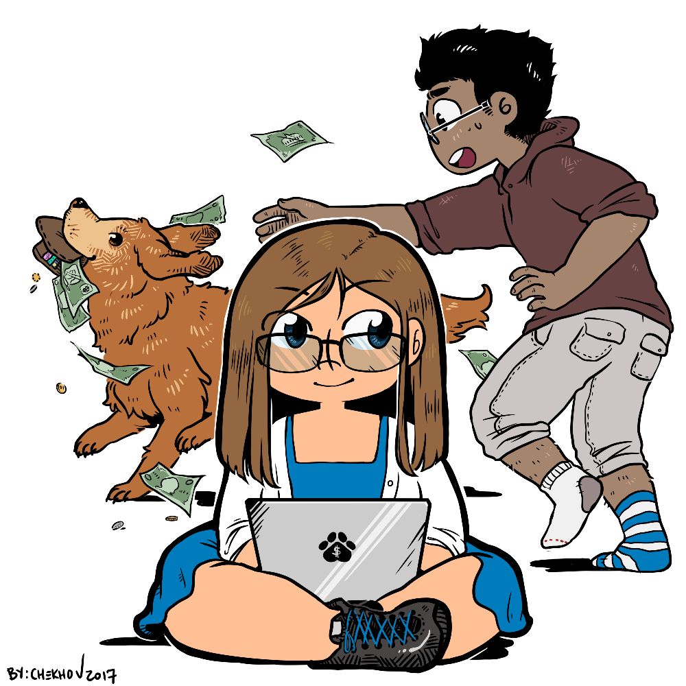 chibi Felicity on a laptop, with Fluffster running off with Fergus's wallet in the background. Money is flying everywhere